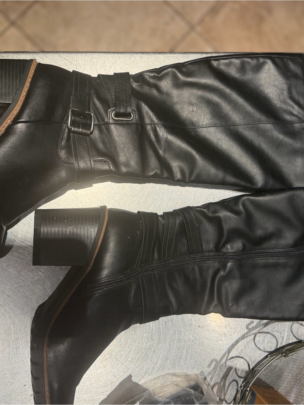 Sun + Stone Black Mid-Calf Buckle Block Heel Boots with Side Zip